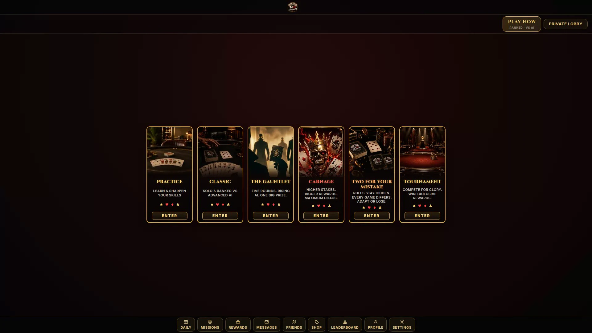 No Jokers Black Jack game mode menu showing the available ways to play